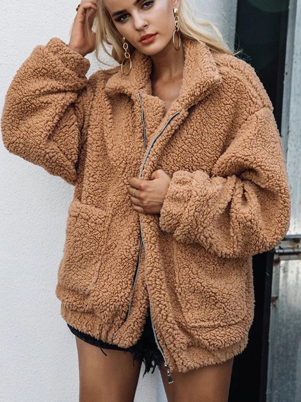 LANSHIFEI Women’s Plush Teddy Zip-Front Jacket in Tan